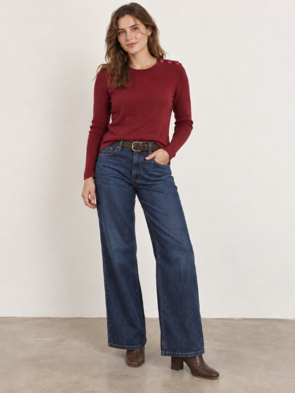 $216 L'Agence Burgundy Knit Crew Sweater Button Shoulder Slim Fit Fall Holiday